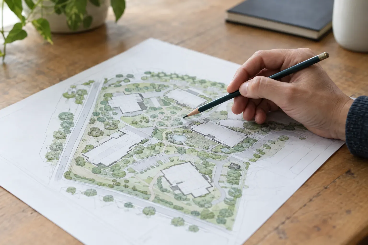 Dłoń z ołówkiem nad planem zagospodarowania działki na drewnianym stole
